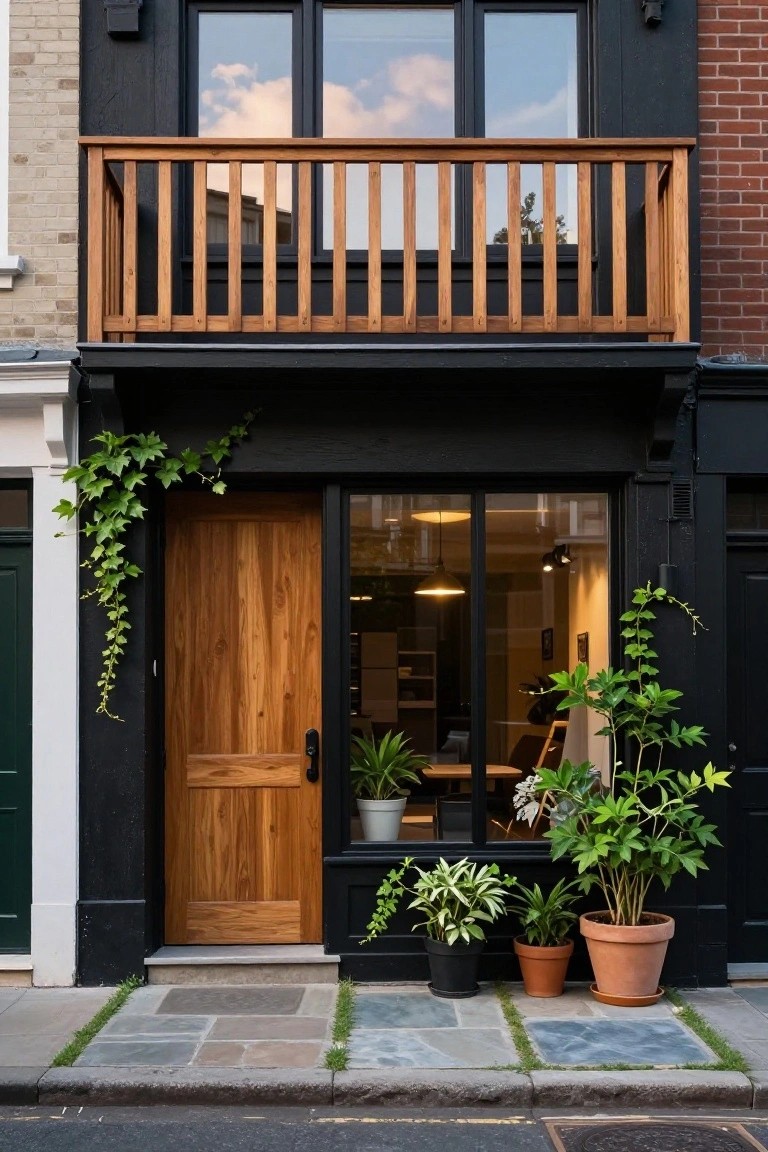 Narrow three-story townhouse with black exterior walls, wooden front door, large glass window beside it, wooden balcony railing above, ivy on the left side, potted plants at the entrance, and stone pavers leading to the street.