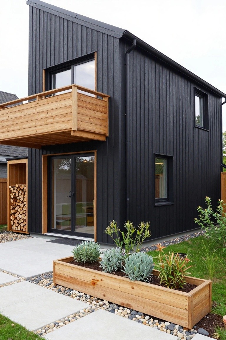 Modern two-story house with black vertical board-and-batten siding, cantilevered wooden balcony with railing, glass entry doors framed in wood, firewood storage box, wooden planter with succulents, concrete pavers, and gravel path in front yard.