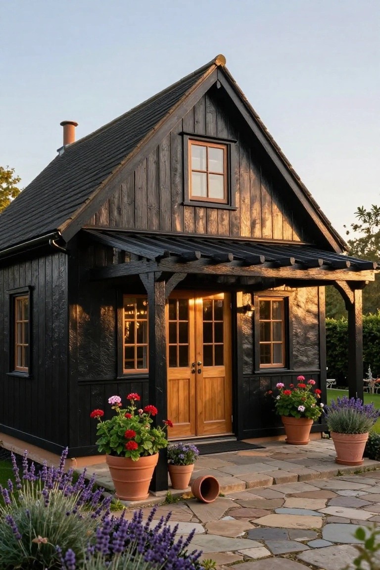 Small black wood-sided gable house with covered porch, golden wooden double front doors, potted geraniums and lavender plants beside a stone pathway entrance.