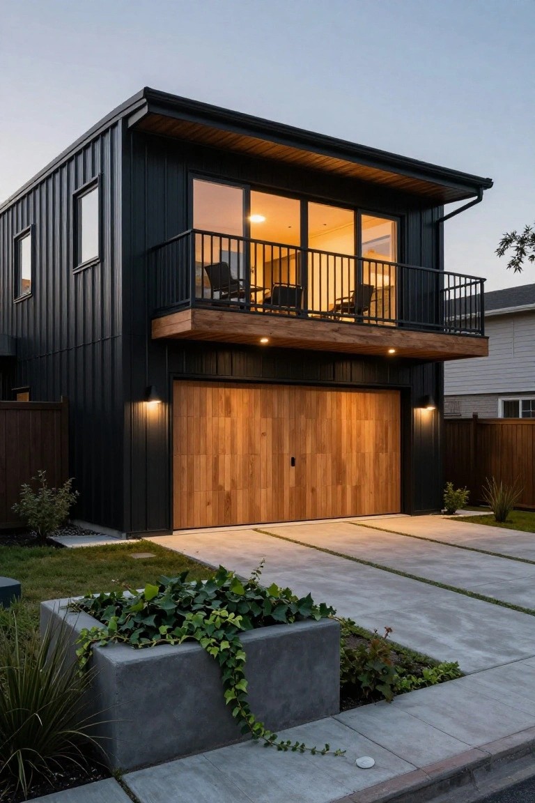 Two-story modern house with black corrugated metal siding, large horizontal wood garage door, wood balcony above, and concrete driveway with plants at dusk.