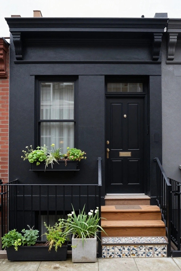 Narrow black-painted rowhouse facade with black front door, window with sheer curtains, black metal railing and window box with plants, wooden entry steps, potted plants on sidewalk, and tiled stoop edge.