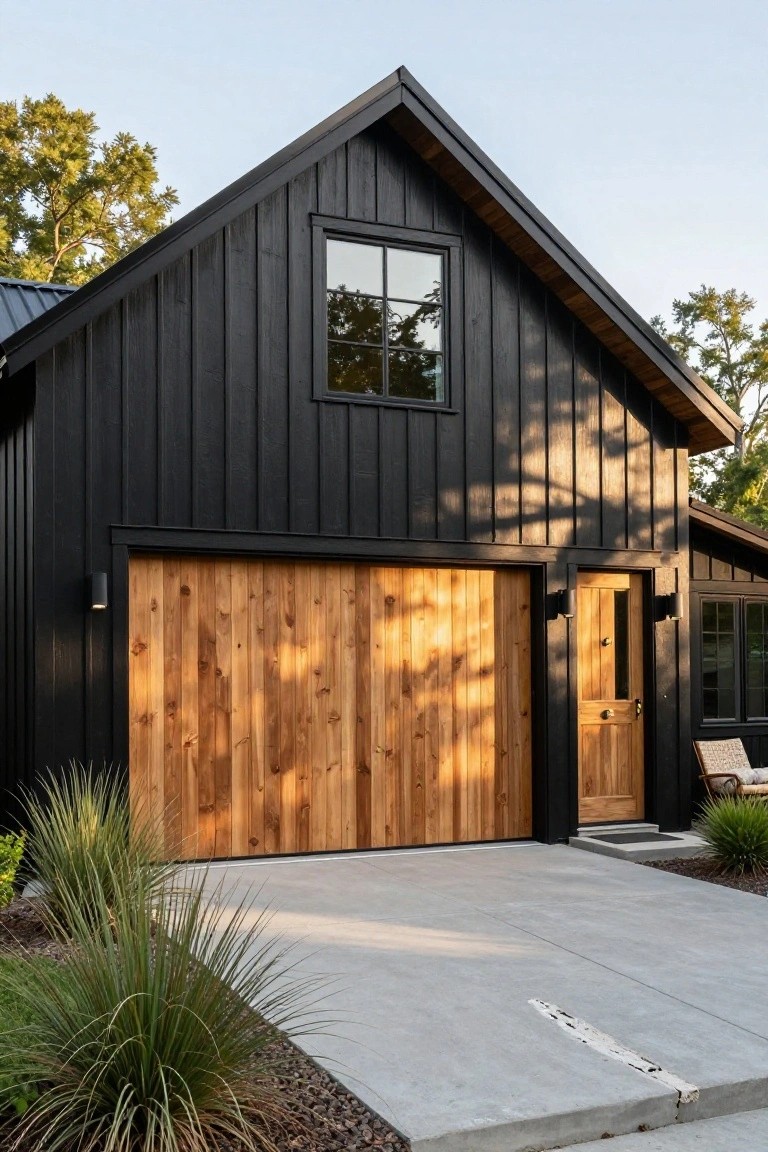 Black Siding with Cedar Garage Door