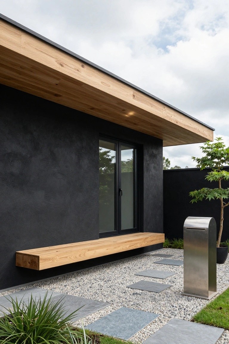 Side exterior of black stucco house wall with cantilevered wooden bench, sliding glass door, stainless steel mailbox, gravel patio with gray stone pavers, and low plants.