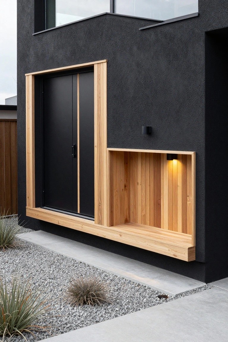 Close-up view of a house exterior with a black double door framed in light wood on a textured dark wall, an adjacent open wooden niche with recessed lighting, black wall light fixture, gravel ground cover, and ornamental grasses.