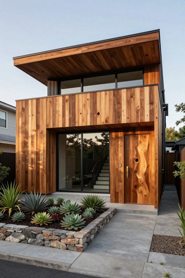 Two-story modern house exterior featuring vertical dark wood cladding, black-framed large windows on the upper level, a prominent wood front door with round handle and adjacent glass panel revealing interior stairs, succulent plants in a stone-edged bed, and concrete pathway.