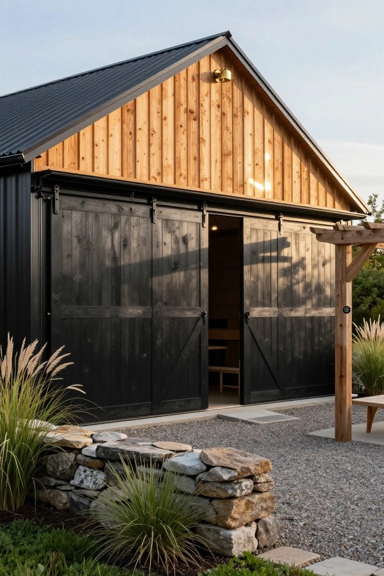 Black metal-roofed outbuilding with vertical wood planks on the gable end, large open black sliding doors revealing wooden benches inside, gravel yard edged by stone wall and ornamental grasses.