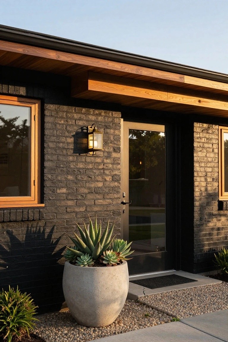 Close view of a house front entrance with black brick walls, overhanging wood beam, glass door flanked by wood-framed windows, brass lantern light, large white pot of agave plants, and gravel path.