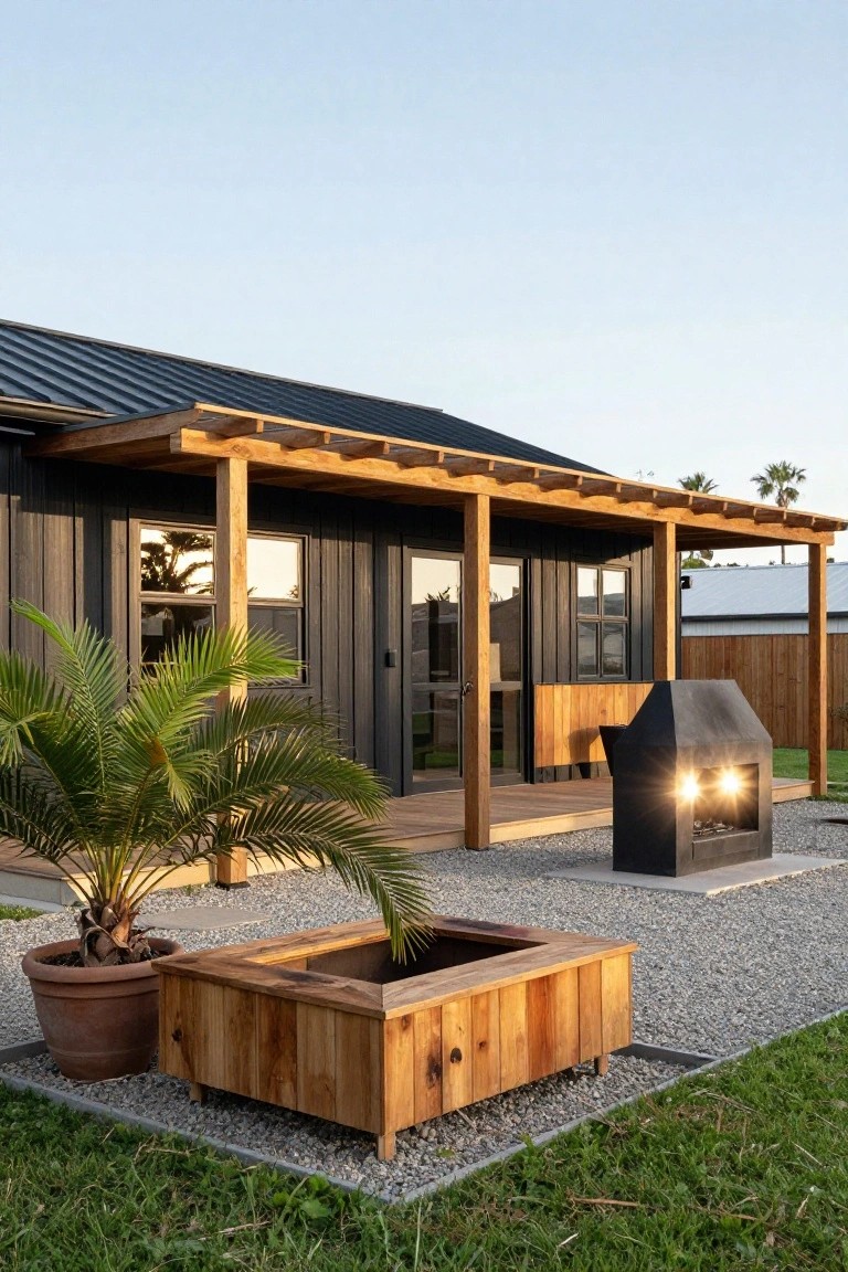 Black board-and-batten house exterior with wooden pergola over a deck, black fire pit, wooden planter box, potted palm, gravel ground, and adjacent grass lawn.