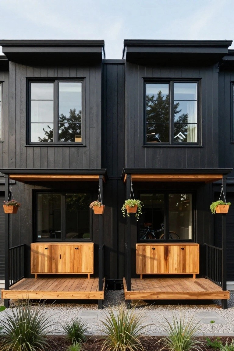 Two attached modern black houses with charred wood siding, each featuring an elevated wooden porch deck, built-in cabinets, sliding glass doors, hanging plants, and gravel landscaping.