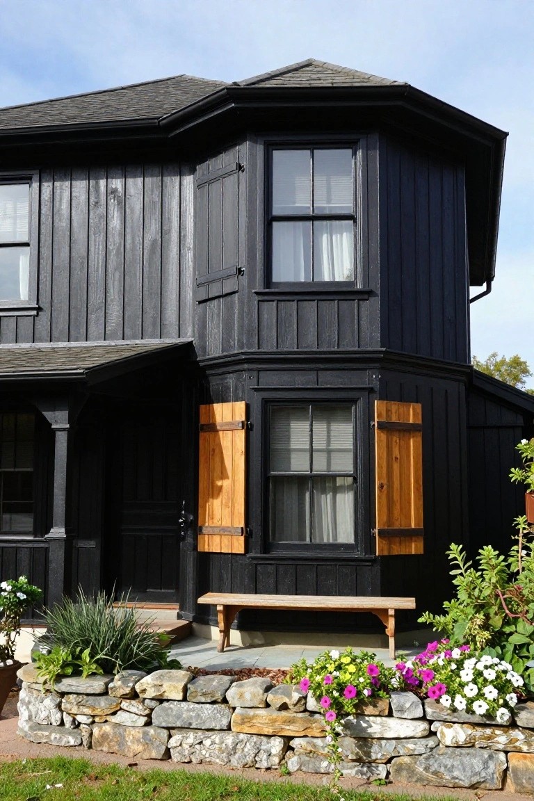 Corner view of a black wood-shingled two-story house with octagonal turret, open orange wood shutters on lower windows, wooden bench by the side door, stone wall topped with colorful flowers and plants, and green lawn.
