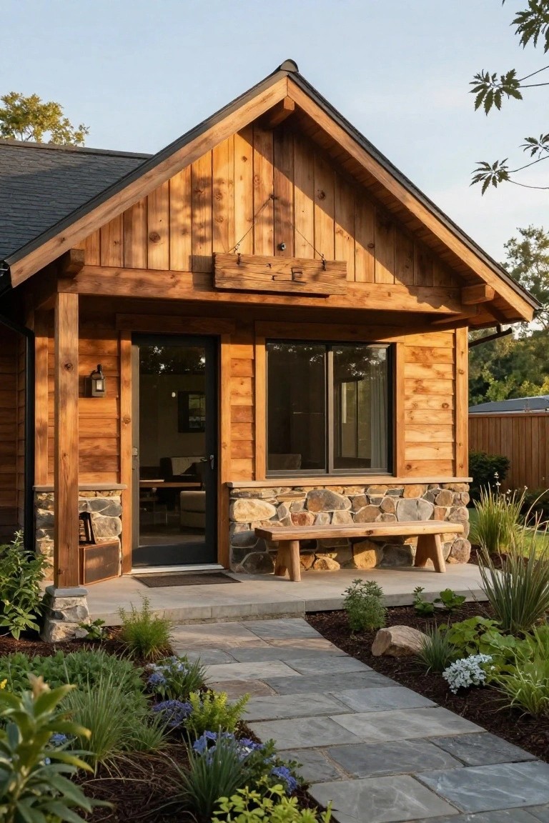 A small cabin-style house with warm vertical wood siding over a fieldstone foundation, dark shingled roof, covered front porch with wooden bench, black door and windows, and a slate stone path through landscaped plantings.