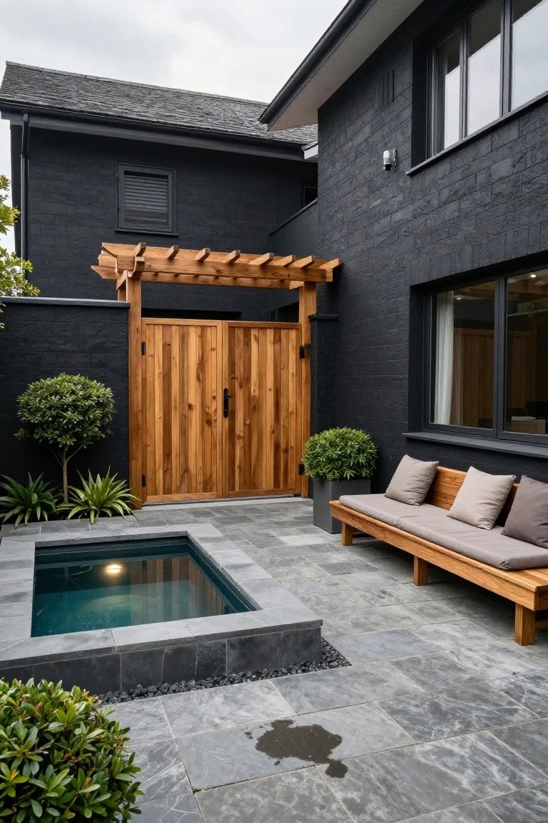Black brick house exterior with wooden pergola over a double wooden gate, small lit plunge pool, wooden bench with cushions, potted plants, and gray stone paving in a courtyard.