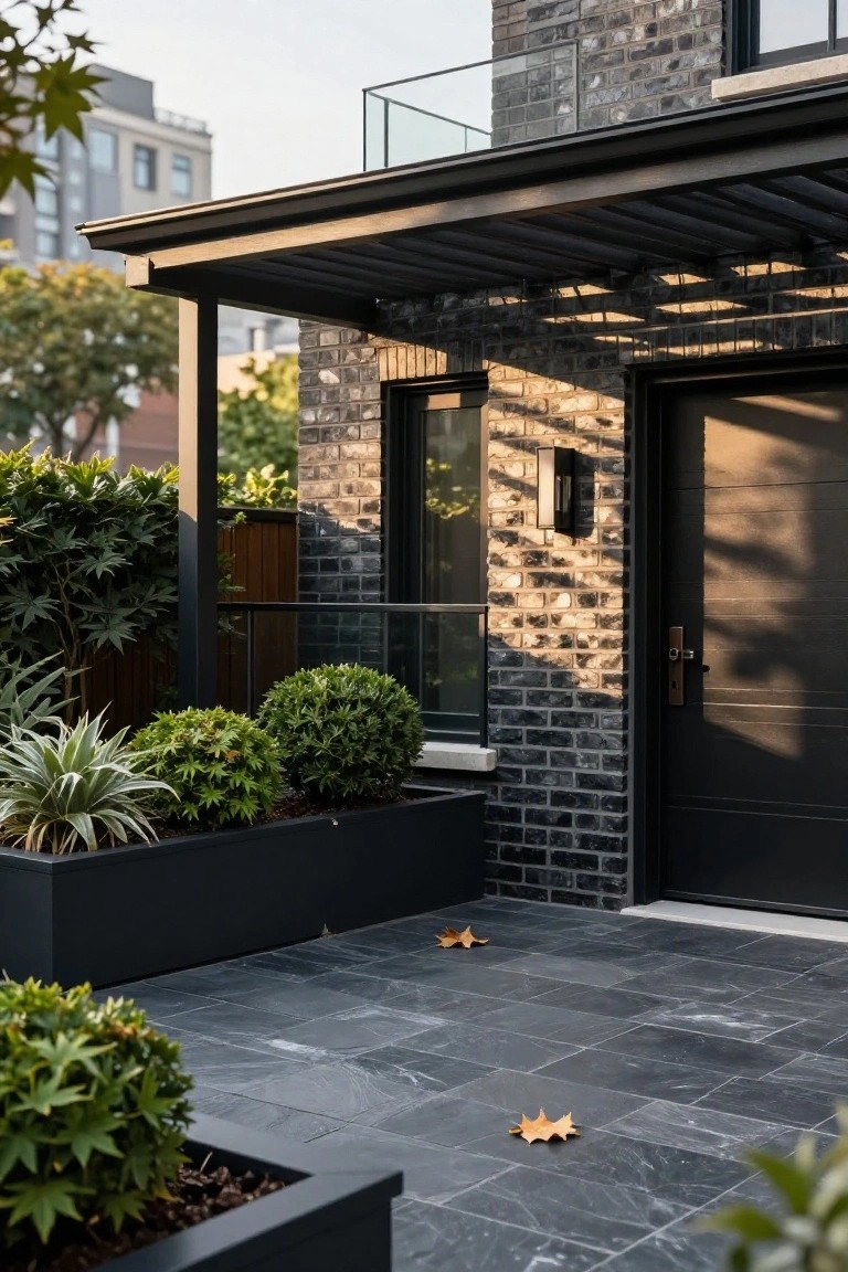 Modern house entrance featuring dark brick walls, a tall black front door, overhead steel pergola, rectangular black planters with greenery and agave, and dark slate tile paving scattered with a few autumn leaves.