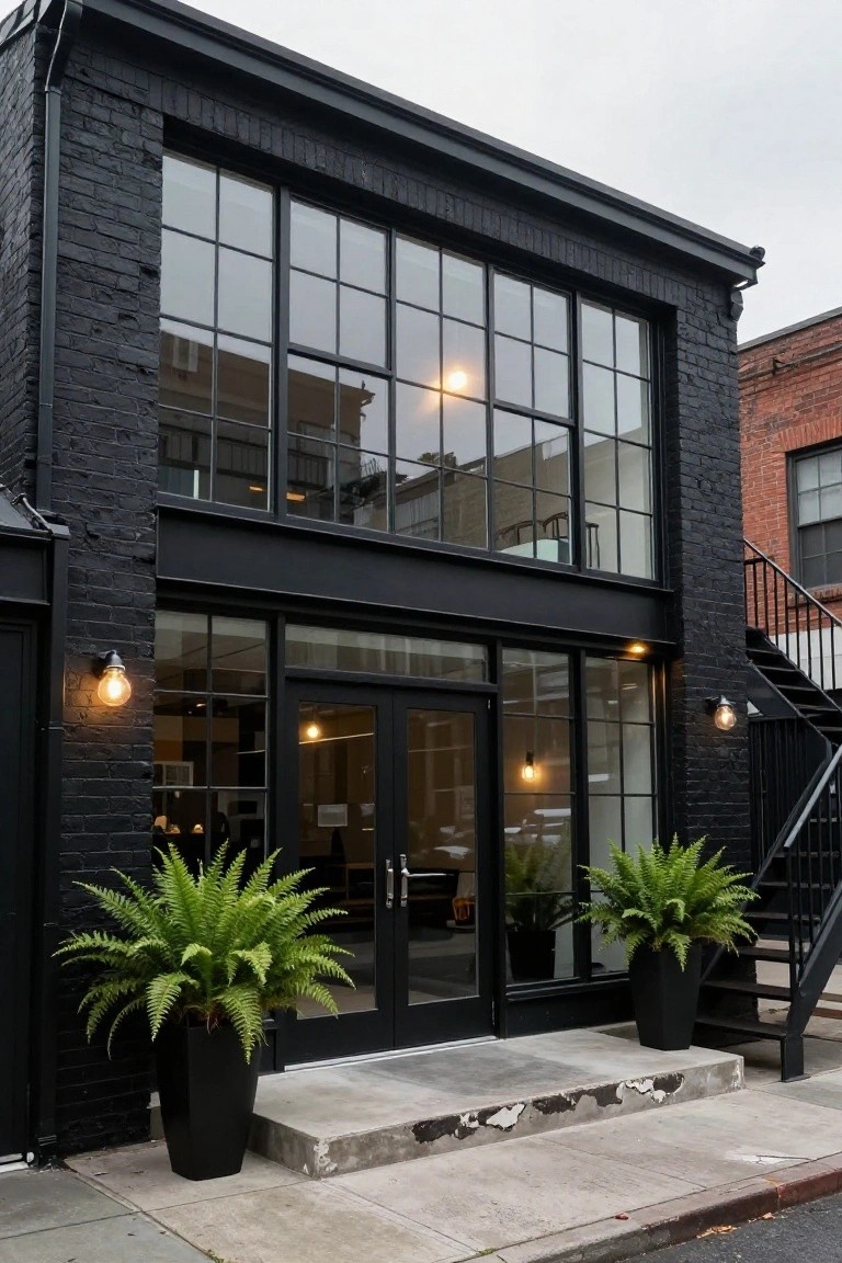 Two-story black brick building exterior with large multi-pane windows on upper and lower levels, black double glass doors entrance flanked by large potted ferns in black pots, globe exterior lights, concrete steps, and metal side stairs next to a red brick neighboring building.