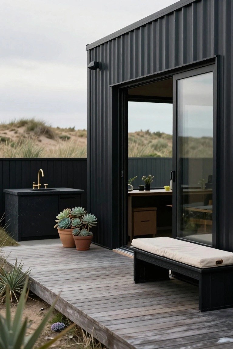 Black corrugated metal house exterior with open sliding glass doors revealing indoor space, black outdoor sink on deck, potted succulents, bench, and dune landscape.