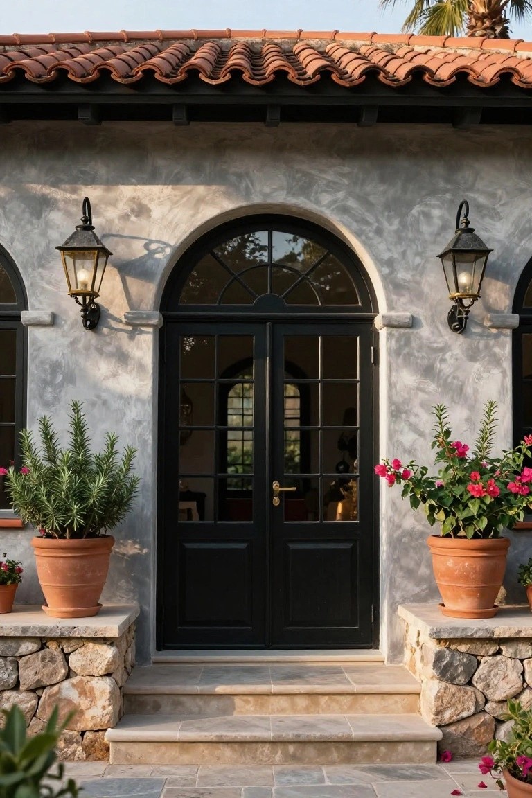 Stucco house exterior with black double front doors under an archway, flanked by arched black-framed windows, wall lanterns, potted rosemary and bougainvillea plants in terracotta pots, and stone steps on a tiled patio.