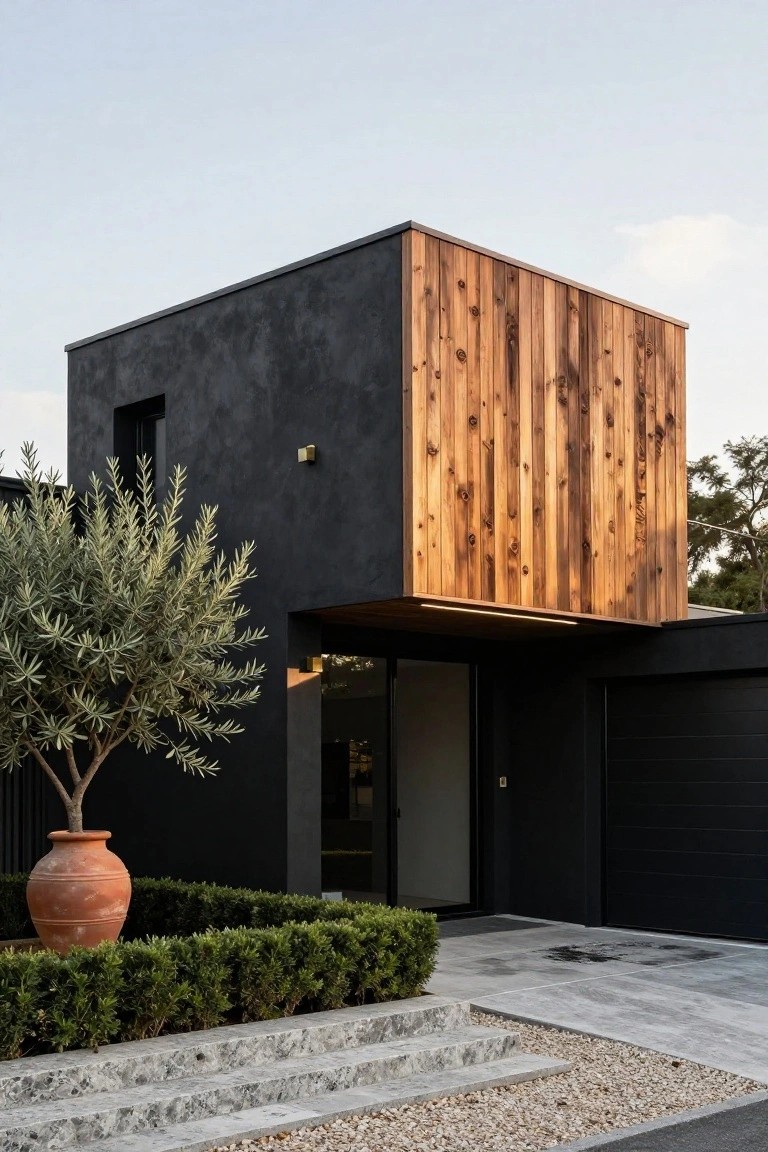 Modern cubic house exterior with matte black stucco walls, vertical warm wood cladding on the upper right corner, glass entry door under a wood canopy, black garage door, olive tree in large terracotta pot, boxwood hedges, and gray stone steps on a gravel driveway.
