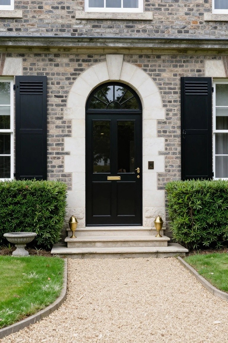 Brick house facade with black front door under arched fanlight window, black shutters on side windows, brass door knocker and lanterns, boxwood shrubs, stone steps, and gravel path.