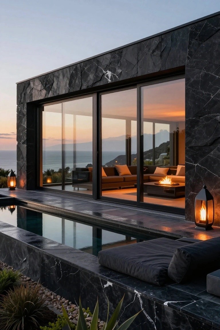 Modern luxury house exterior clad in black textured stone with large floor-to-ceiling glass sliding doors revealing an indoor living room with black sofa, orange cushions, fire pit table, and adjacent infinity-edge pool overlooking ocean and mountains at sunset.