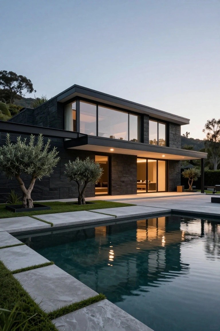 Contemporary black stone house exterior on a hillside with large floor-to-ceiling glass windows, cantilevered roof, olive trees, infinity-edge pool, and dusk lighting.