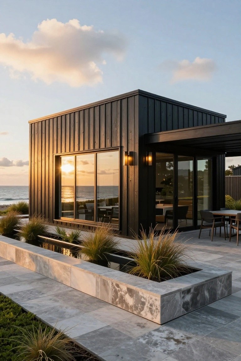 Black wood-clad modern house exterior with large sliding glass windows overlooking the ocean, covered terrace with dining table and chairs, and adjacent marble-edged water feature with grasses.