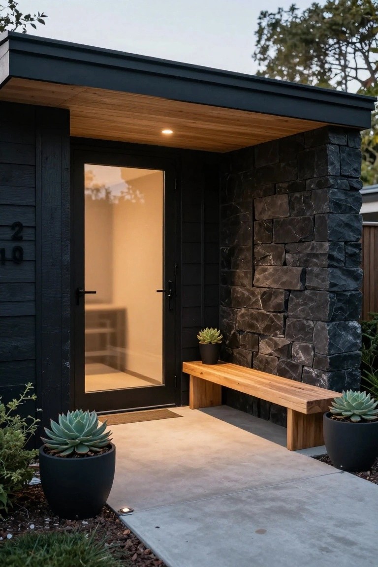 Black Timber Facade with Stone Pillar