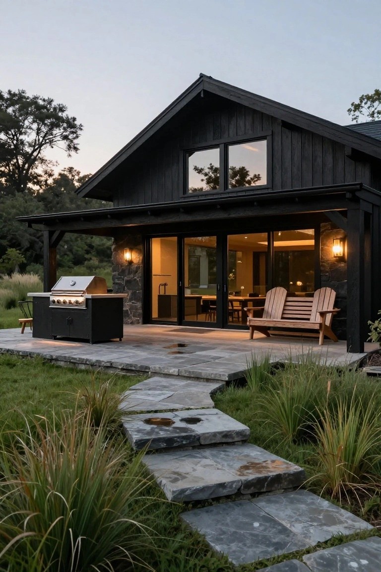Black wood-clad gabled house exterior at dusk with large sliding glass doors opening to a wooden deck, built-in grill, Adirondack chairs, stone pathway, and grasses leading from the yard.