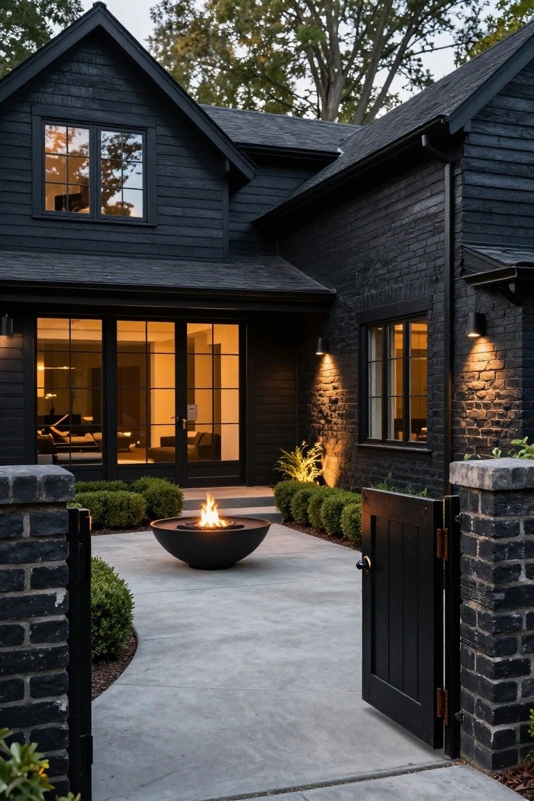 Black shingle-sided luxury house exterior with black brick accents, large multi-pane glass doors, courtyard featuring a round fire pit, boxwood shrubs, brick pillars, and an open black wooden gate.
