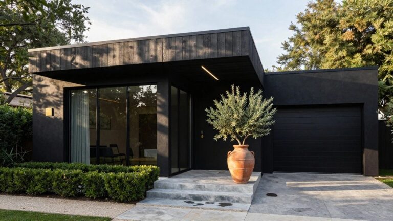 18 Black Luxury House Exteriors That Feel Straight Out Of A Magazine Modern cubic house exterior with matte black stucco walls, vertical warm wood cladding on the upper right corner, glass entry door under a wood canopy, black garage door, olive tree in large terracotta pot, boxwood hedges, and gray stone steps on a gravel driveway.