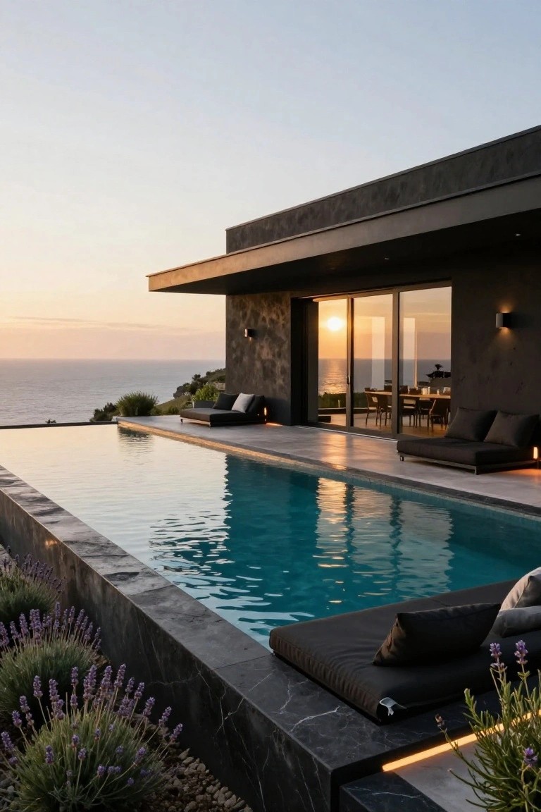 Modern black house exterior with textured dark walls, cantilevered roofline, large sliding glass doors, infinity edge pool with black coping overlooking the ocean at sunset, black loungers, and lavender plants along the edge.