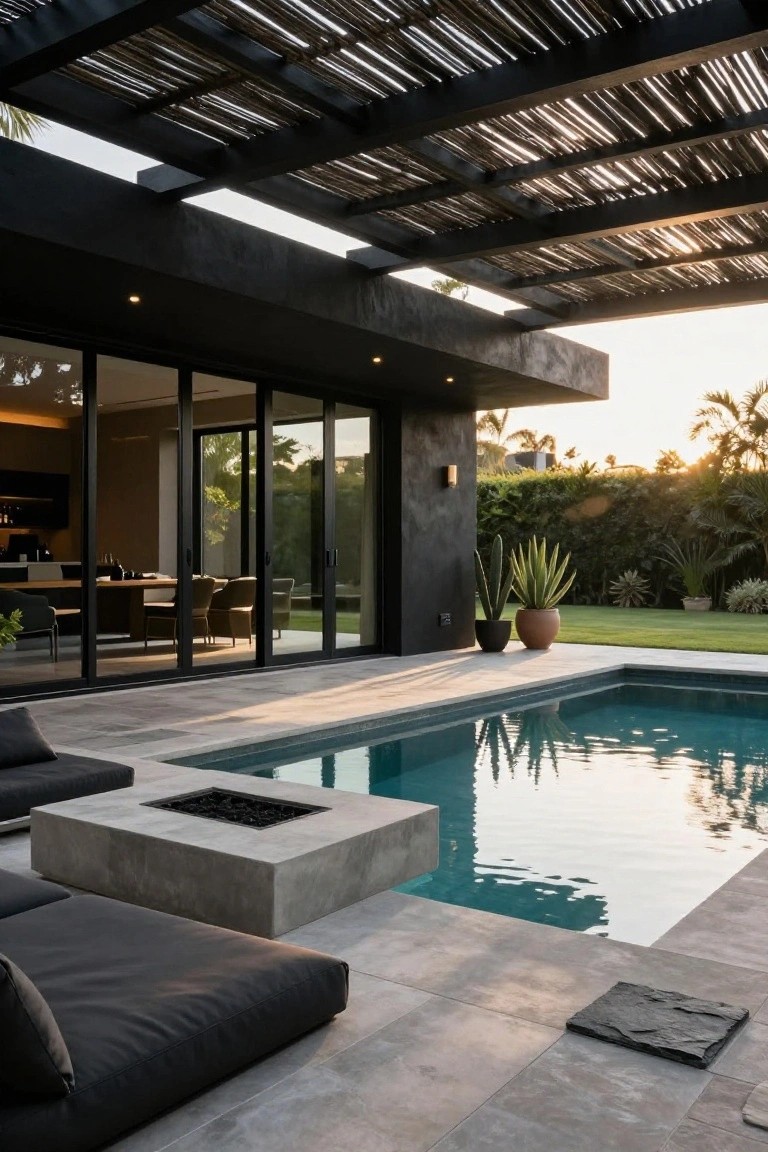 Black modern house with large sliding glass doors opening to a turquoise pool edged by a concrete fire pit box, low black lounge seating, thatched pergola overhead, potted cacti, palm trees, and green lawn at sunset.