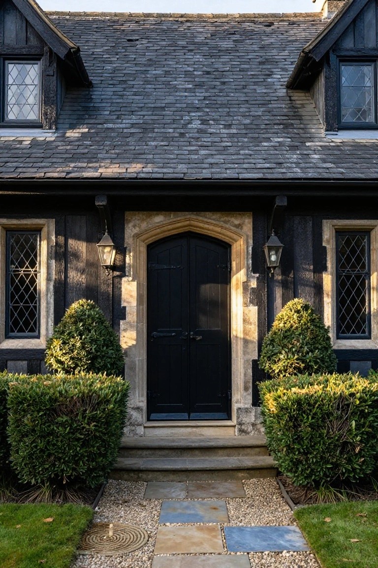 Front exterior of a dark timber-framed house with slate roof, central arched stone doorway containing black double doors, leaded glass windows, wall lanterns, boxwood shrubs, stone steps, and a stone-and-gravel path.