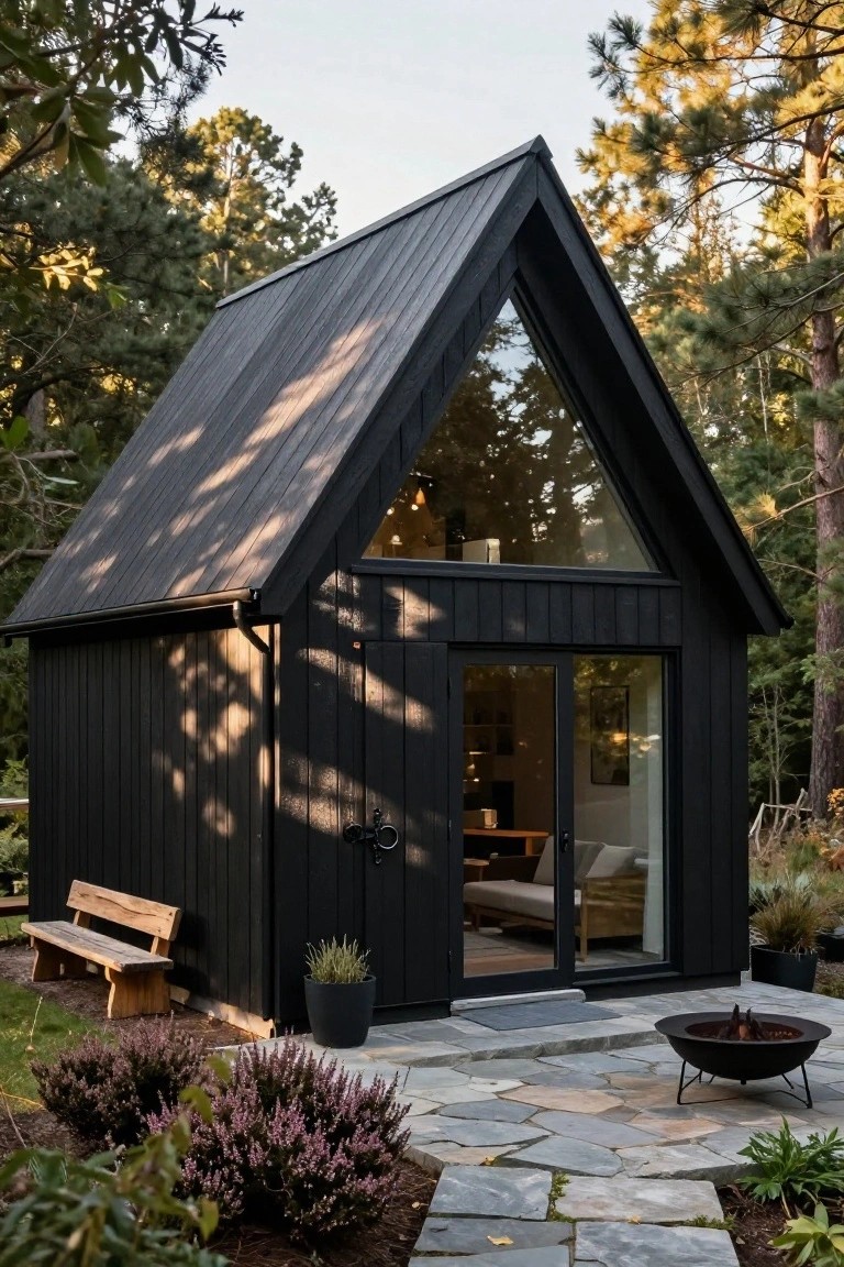 Small black A-frame cabin with vertical wood siding, large triangular front window, glass entry door, wooden bench nearby, stone path, fire pit, potted plants, and surrounding pine forest.