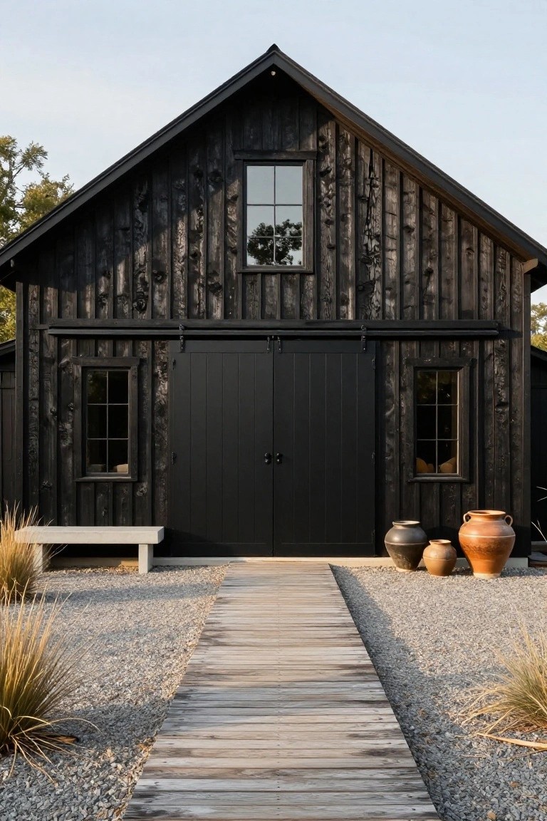 Black wood-clad barn-style house exterior with gabled roof, large black double doors with sliding hardware, flanked by narrow windows, wooden pathway leading to entrance on gravel ground with pampas grasses and large terracotta pots.
