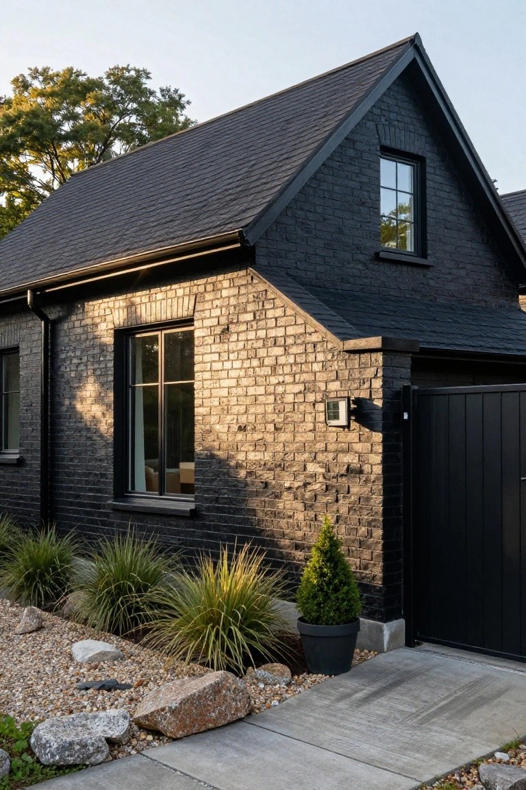 Black brick house exterior with dark sloped roof, black-framed windows, black garage door, downspout, minimalist gravel landscaping with grasses and rocks, and concrete pathway.