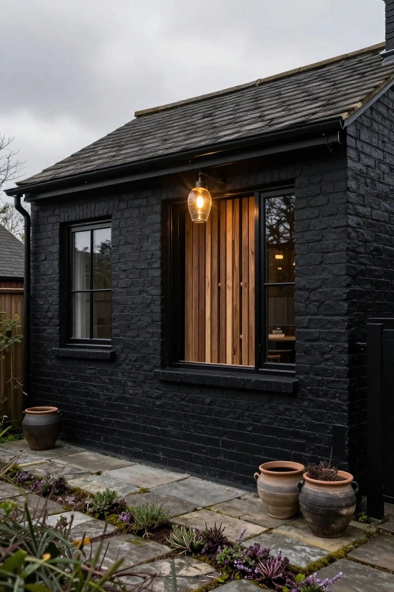 Compact black brick house exterior with slate roof, vertical wooden slats framing a window and door area, pendant light overhead, flanked by black-framed windows, stone patio, and terracotta pots with plants.
