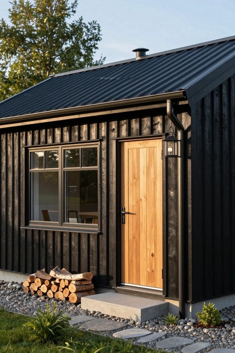 Small black vertical board-and-batten house with sloped metal roof, large window, natural wood front door with lantern light, stack of firewood, pebble ground cover, stepping stones, and grass nearby.