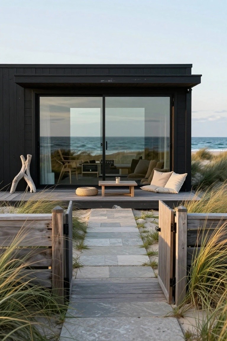 Black wooden beach house with large sliding glass doors opening to a deck overlooking the ocean, featuring a low table, cushions, woven stool, driftwood sculpture, stone pathway, wooden gate, and surrounding dune grasses.