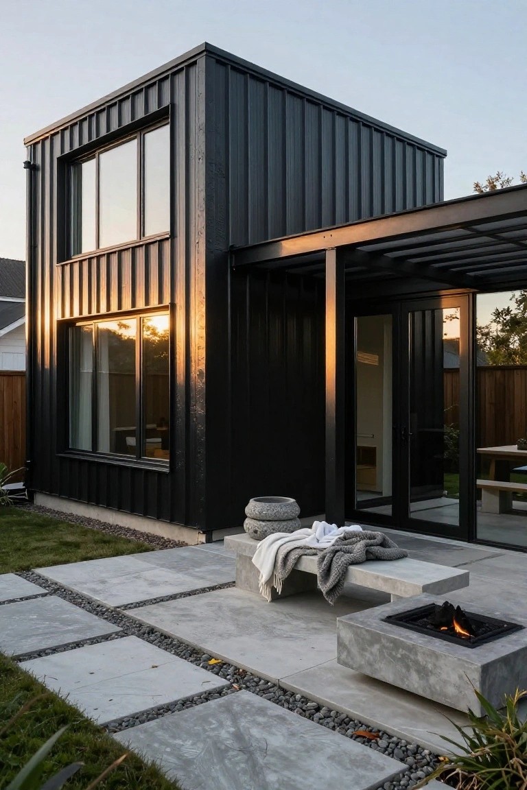 Black corrugated metal house exterior with large windows, covered patio with glass doors, concrete bench and fire pit on paver patio, grass yard, and neighboring houses at sunset.