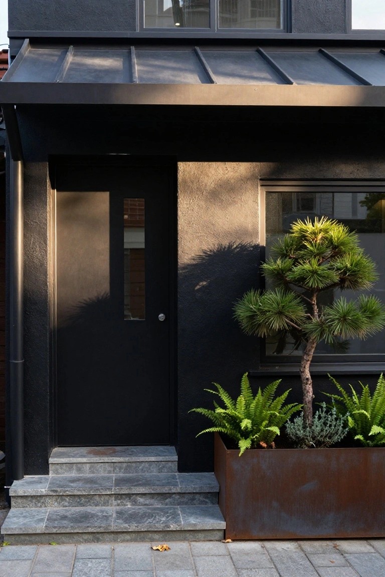 Matte black house exterior with slim front door featuring vertical window, slate steps leading up, and adjacent corten steel planter holding a shaped pine tree and ferns.