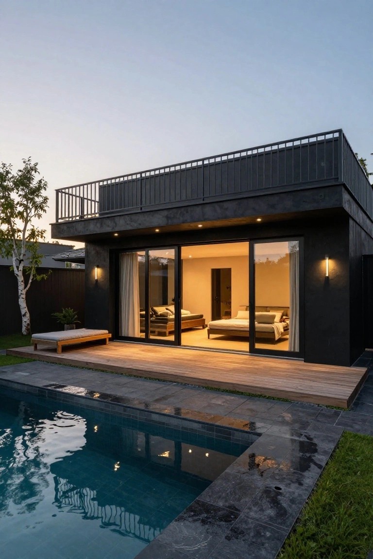 A two-story black timber-clad modern house with a metal-railed upper balcony, illuminated sliding glass doors revealing a bedroom interior, a wooden deck with a daybed, and a rectangular pool in the foreground surrounded by pavers and grass.