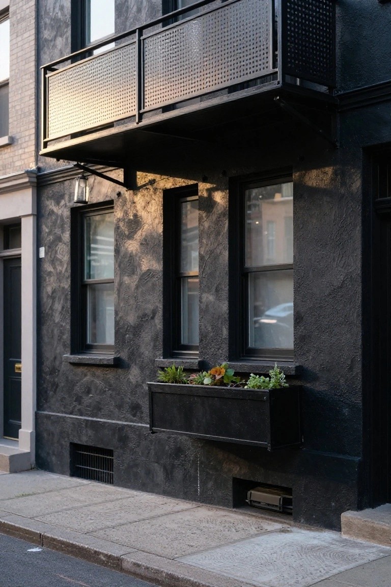Black textured brick townhouse exterior with cantilevered balcony featuring perforated metal railing, double-hung windows with black frames, black planter box containing small plants, front door, and street sidewalk below.