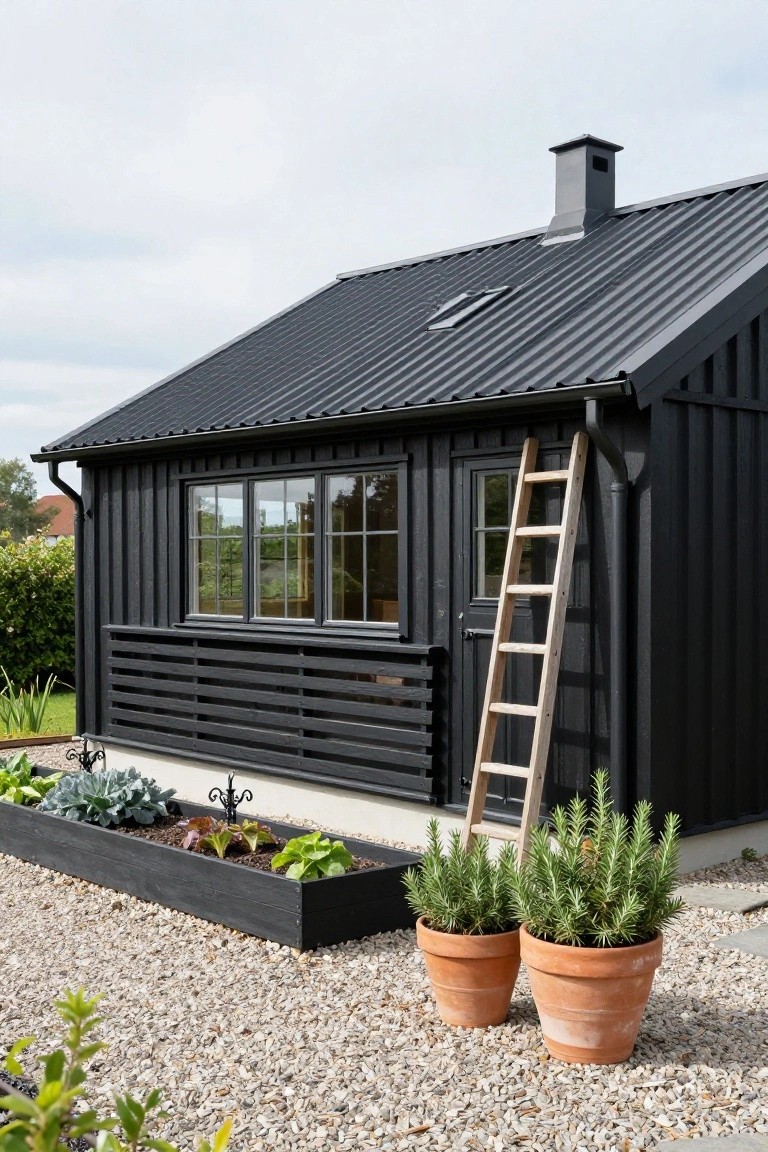 Black-painted wooden shed with vertical board siding, sloped corrugated metal roof, wooden ladder on one side, triple window, and raised garden bed plus potted plants on gravel ground.
