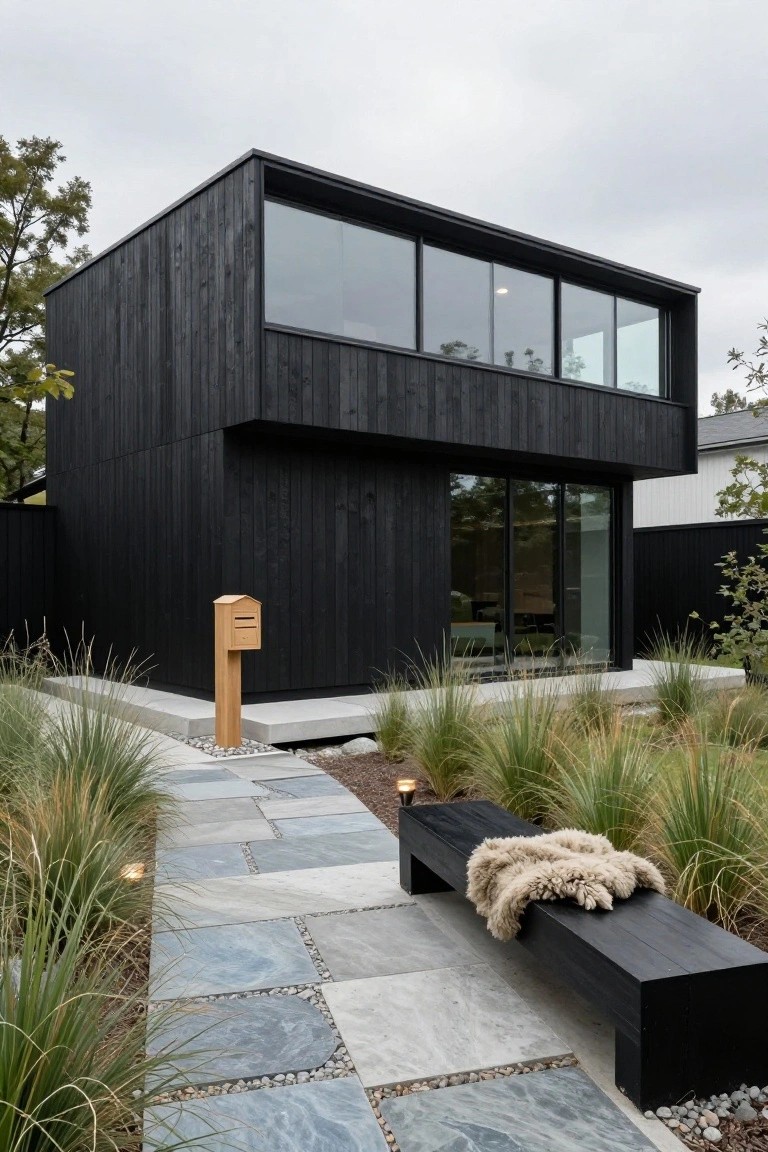 Compact modern house with black vertical wood cladding, large glass windows on upper level, sliding glass doors on ground level, concrete plinth base, wooden mailbox post, stone paver pathway, black wooden bench with sheepskin throw, and tall ornamental grasses beside gravel garden bed.