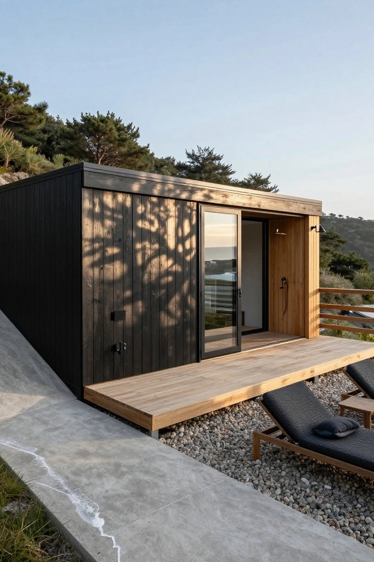 Compact black wooden cabin with vertical board cladding on a concrete slope, featuring a wooden deck with lounge chairs, outdoor shower, surrounded by pine trees and overlooking the sea.