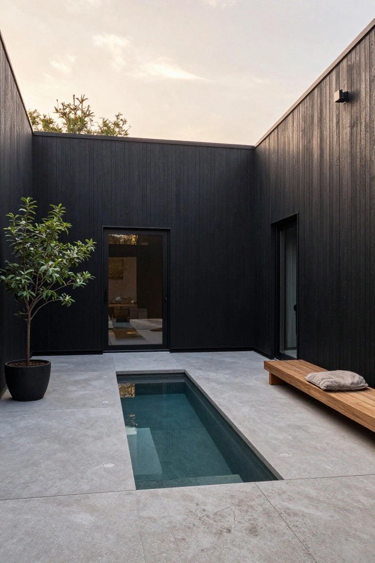 Minimalist courtyard enclosed by tall black wooden walls with a narrow rectangular in-ground plunge pool at center, potted tree, teak bench with cushion, and glass doors to interior spaces.