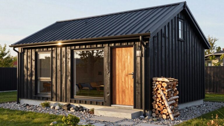 Small black vertical board-and-batten house with sloped metal roof, large window, natural wood front door with lantern light, stack of firewood, pebble ground cover, stepping stones, and grass nearby.