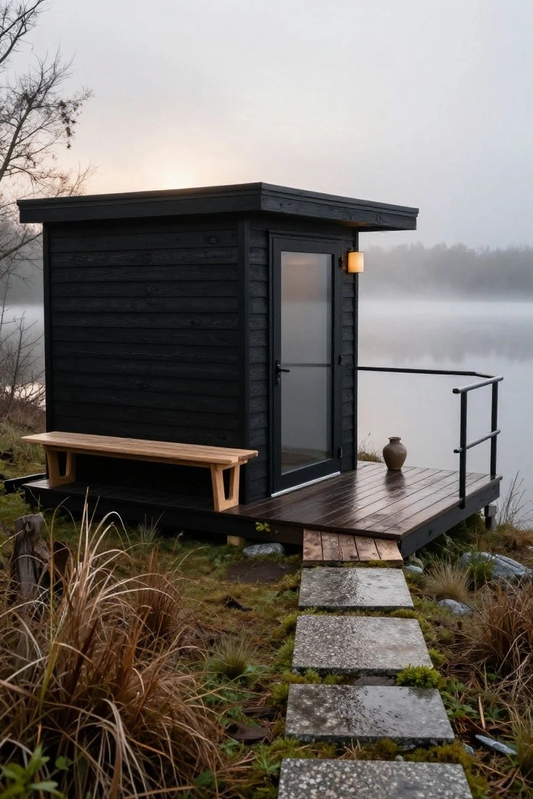 Small black wooden sauna cabin with glass door on a wooden dock over a misty lake, featuring an outdoor wooden bench, clay pot, railing, and stone path leading from grassy shore with reeds.