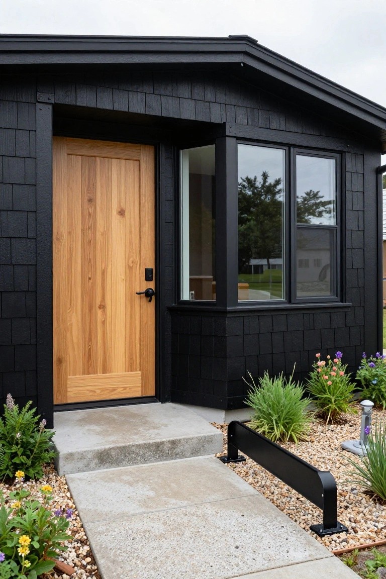 Small black shingle-sided house exterior with light oak wood entry door, adjacent black-framed window, concrete steps, gravel path, and low plants.