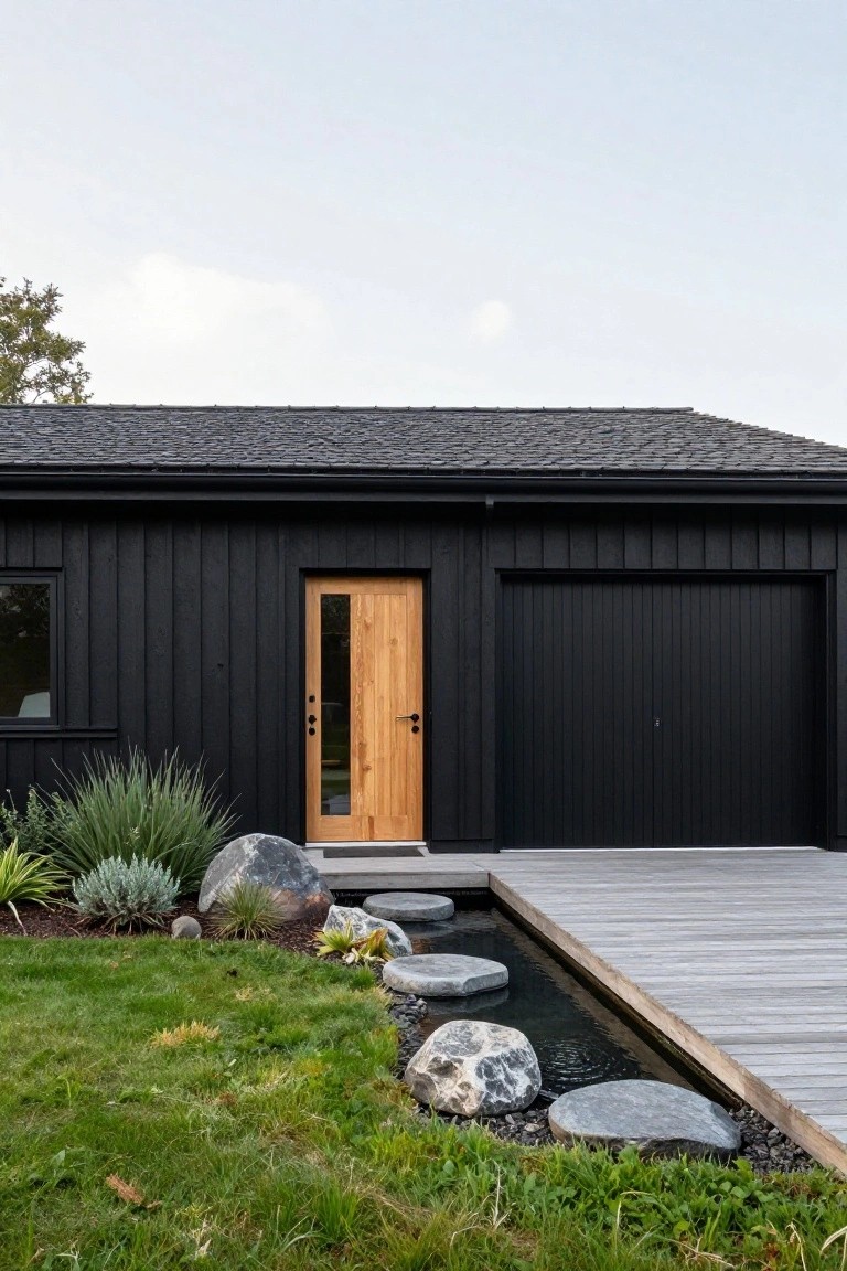 Black vertical board-and-batten clad house exterior featuring a light wooden entry door with glass panel, adjacent garage door, wooden deck, and landscaped entry area with large stepping stones over a narrow water channel surrounded by grasses and rocks.